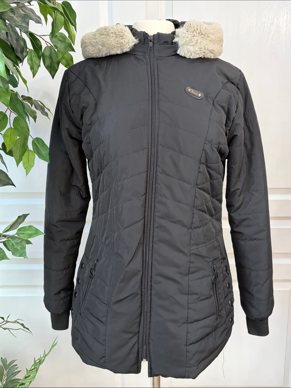 Bigzel Black Hooded Mid-Length Puffer Jacket Faux Fur Lining